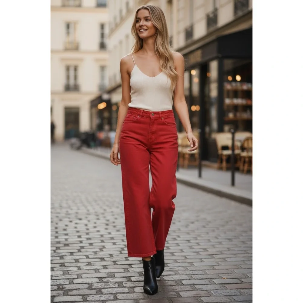 SEZANE NWOT Vibrant Red High Rise Wide Leg‎ Denim French Girl Jeans 25x26 $160